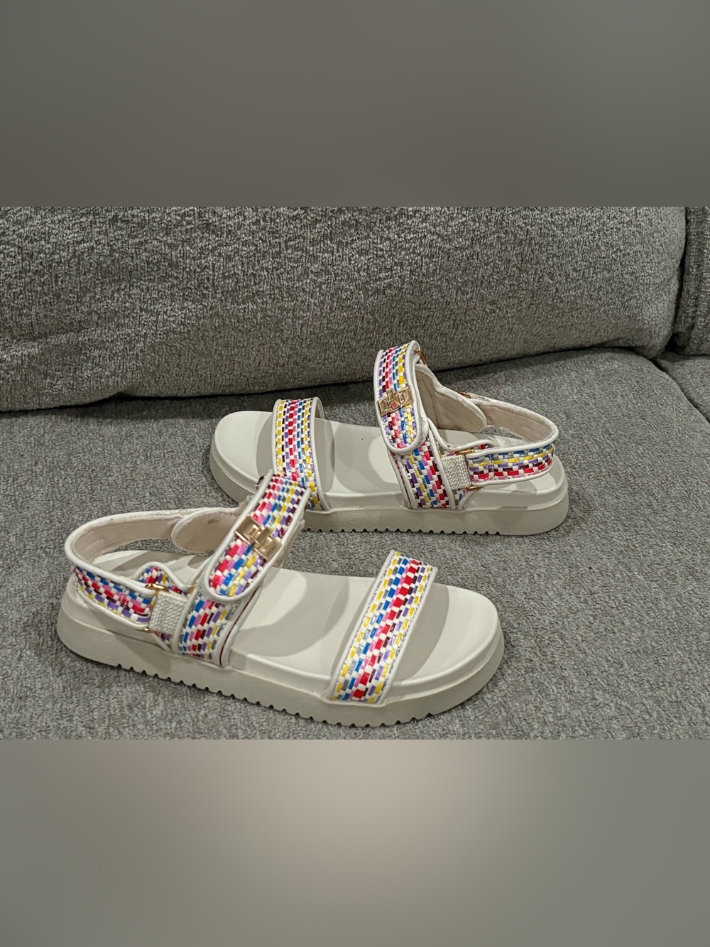 Steve Madden Woven Strap Kid’s White Sandals with Multicolor Accents